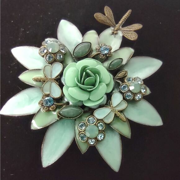Floral & Dragonfly Brooch Enamel Encrusted Rhinestones Green Blue Flower Bee Pin - Picture 8 of 11